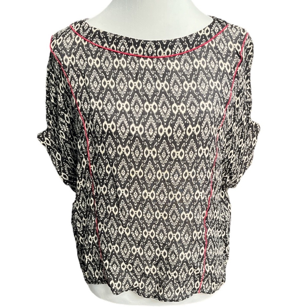 Zara Trafaluc Boho Pattern Short Sleeve Shirt Black Off White Size Small